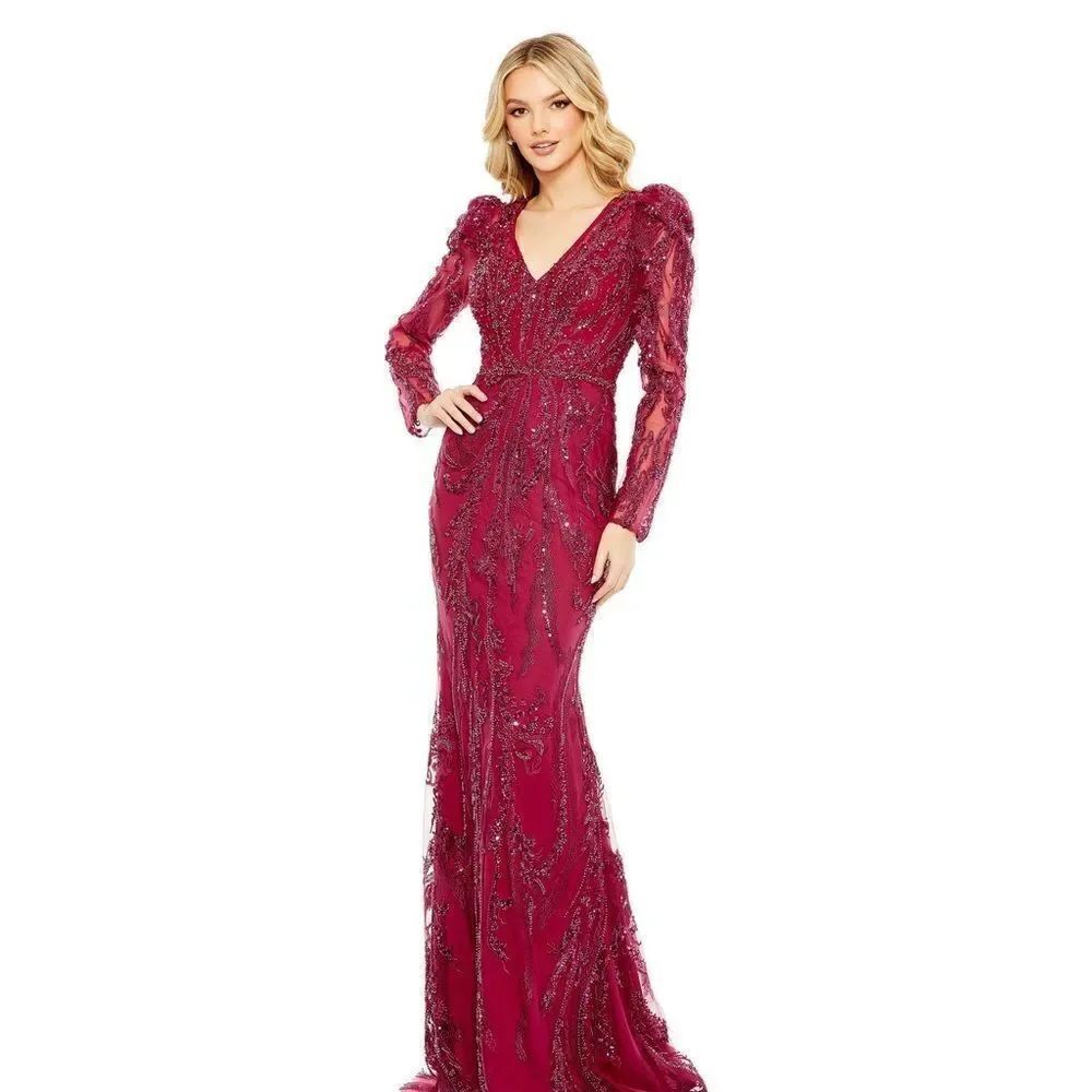 MAC DUGGAL Berry Size 12 Pink Red Sequin Beaded Long Sleeve V Neck Gown Dress